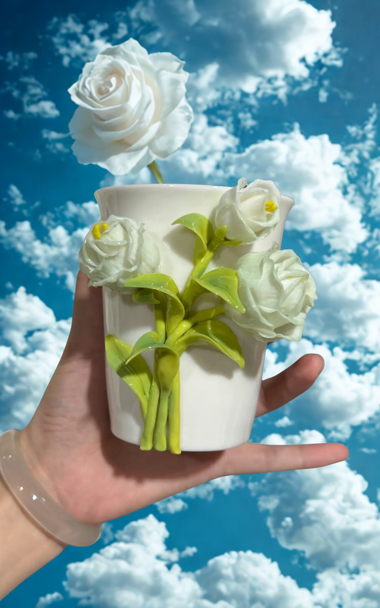 Green Rose Art Ceramic Mug - Japanese Handmade Tea and Coffee Mug