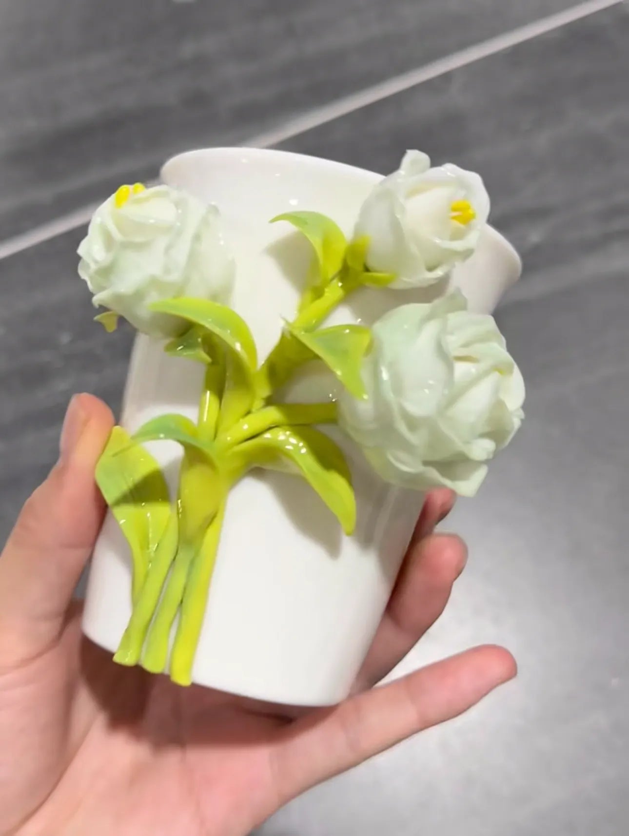 Green Rose Art Ceramic Mug - Japanese Handmade Tea and Coffee Mug
