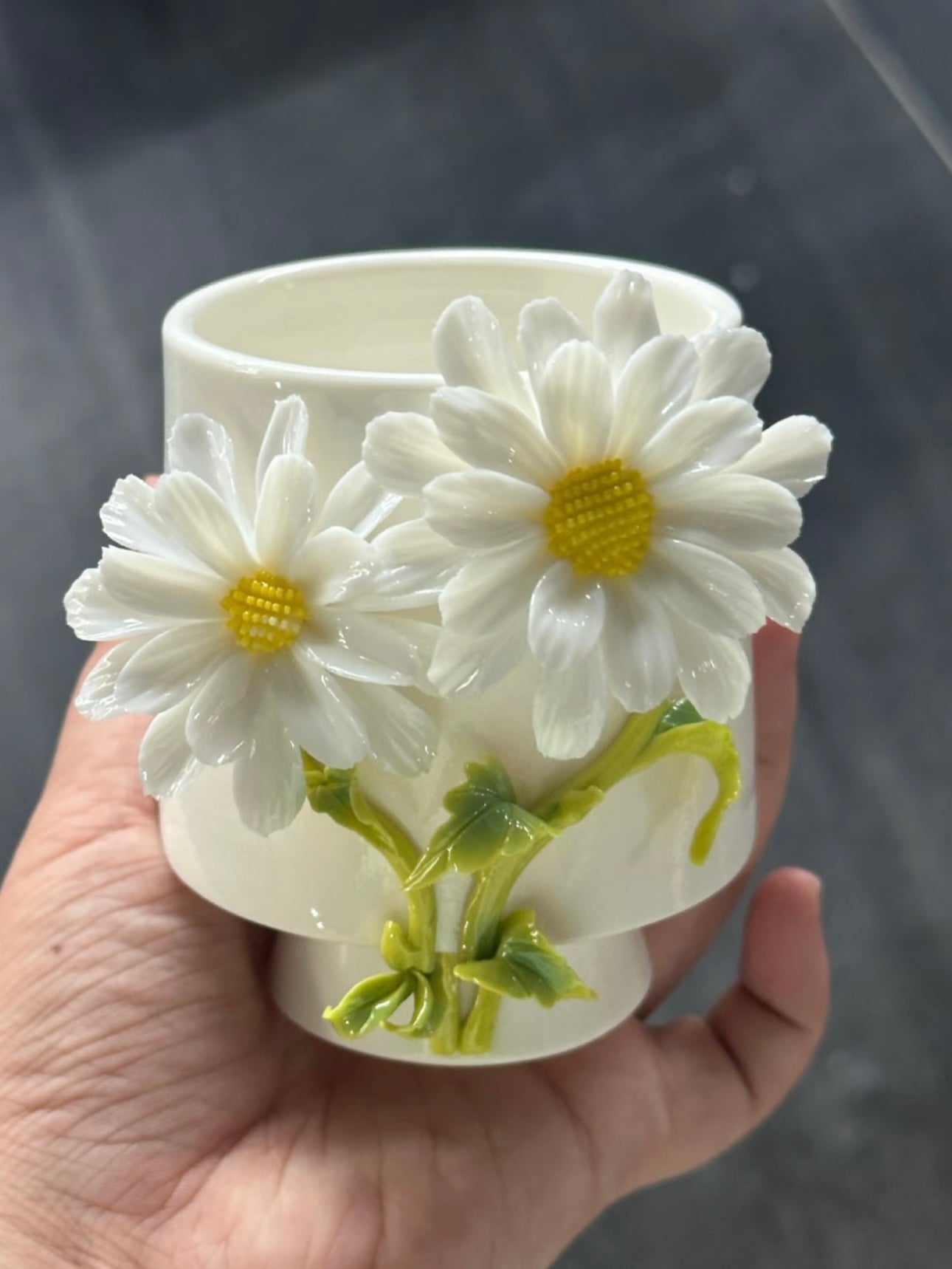 Hand-Painted Ceramic Cup – 3D Floral Design – Handmade Pottery Coffee Mug