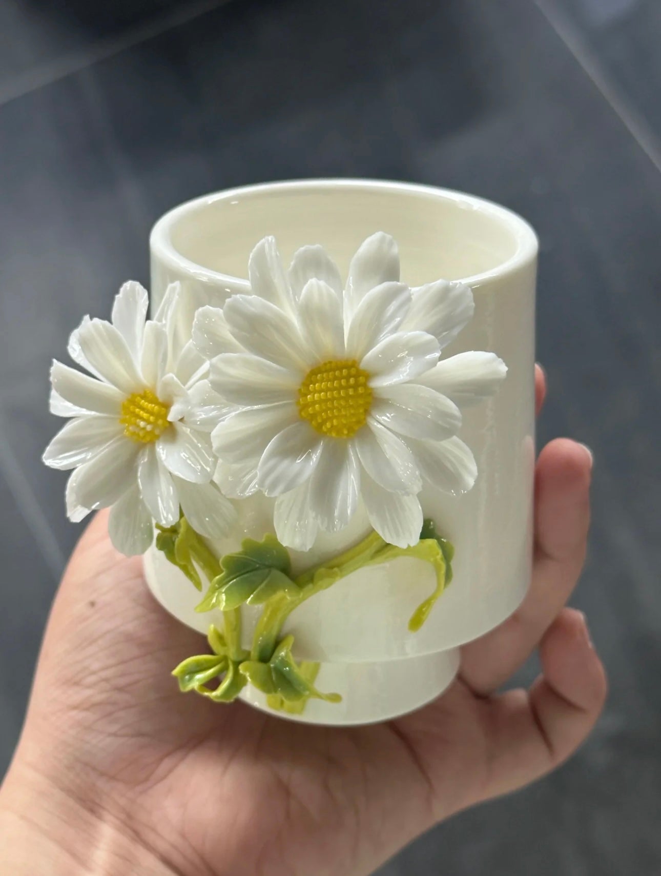 Hand-Painted Ceramic Cup – 3D Floral Design – Handmade Pottery Coffee Mug