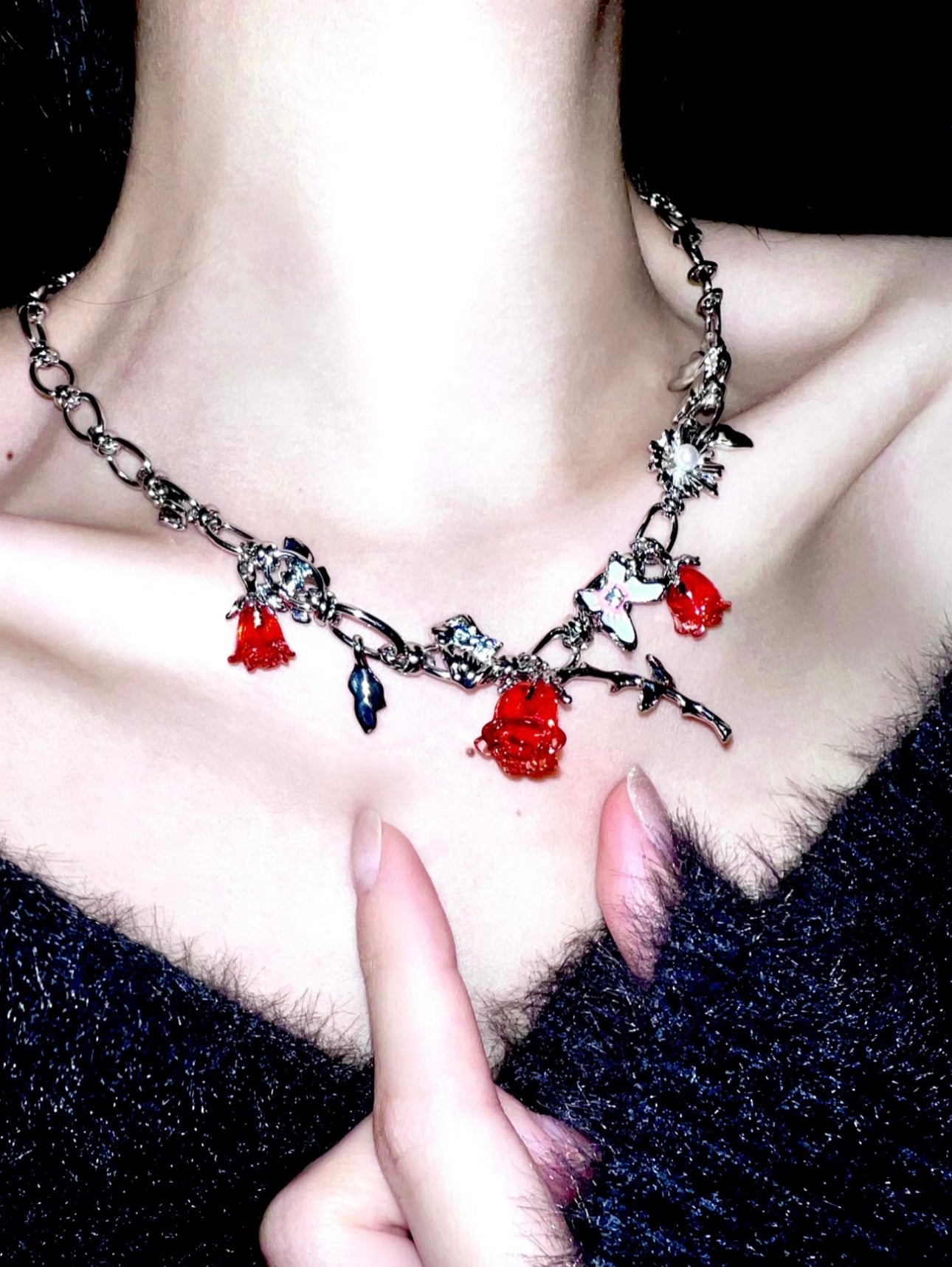 Red Rose Butterfly Vine Wrap Necklace