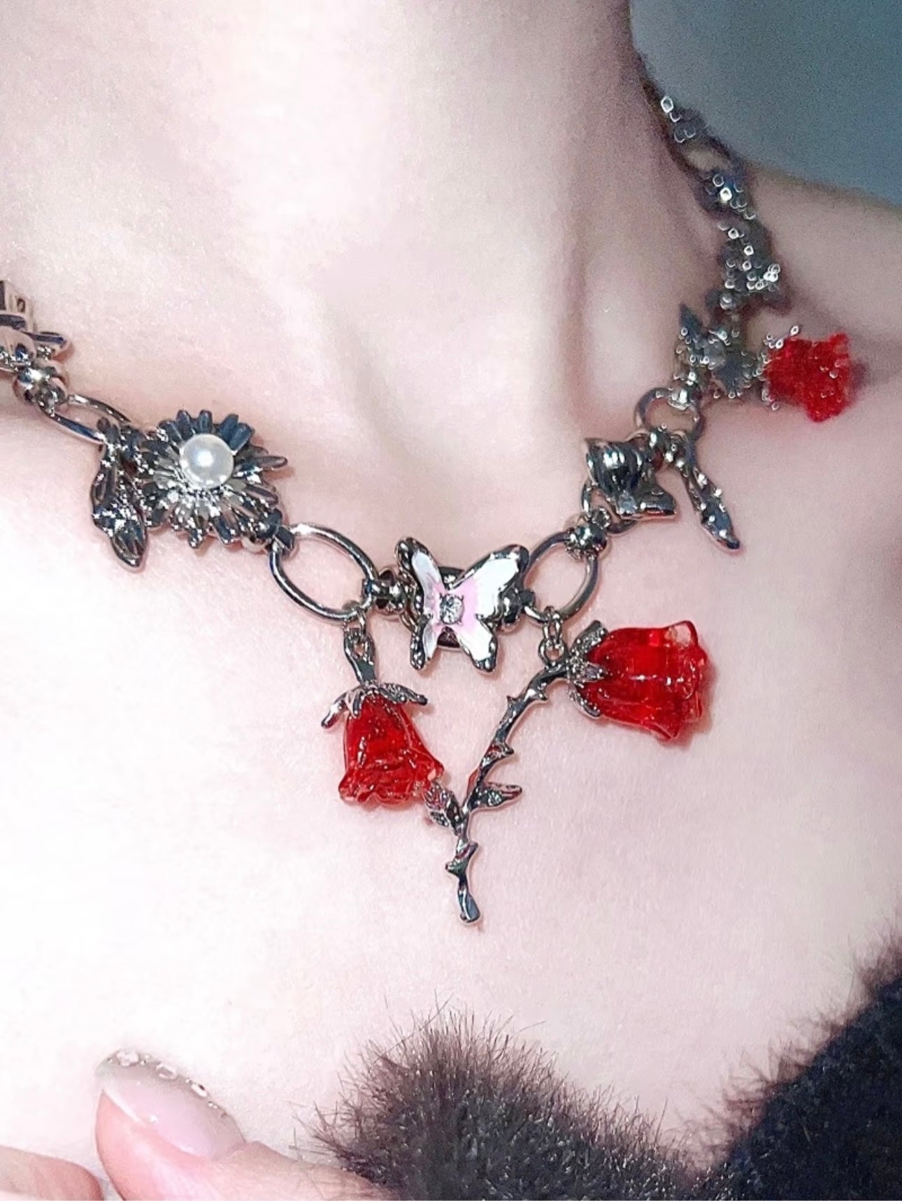 Red Rose Butterfly Vine Wrap Necklace