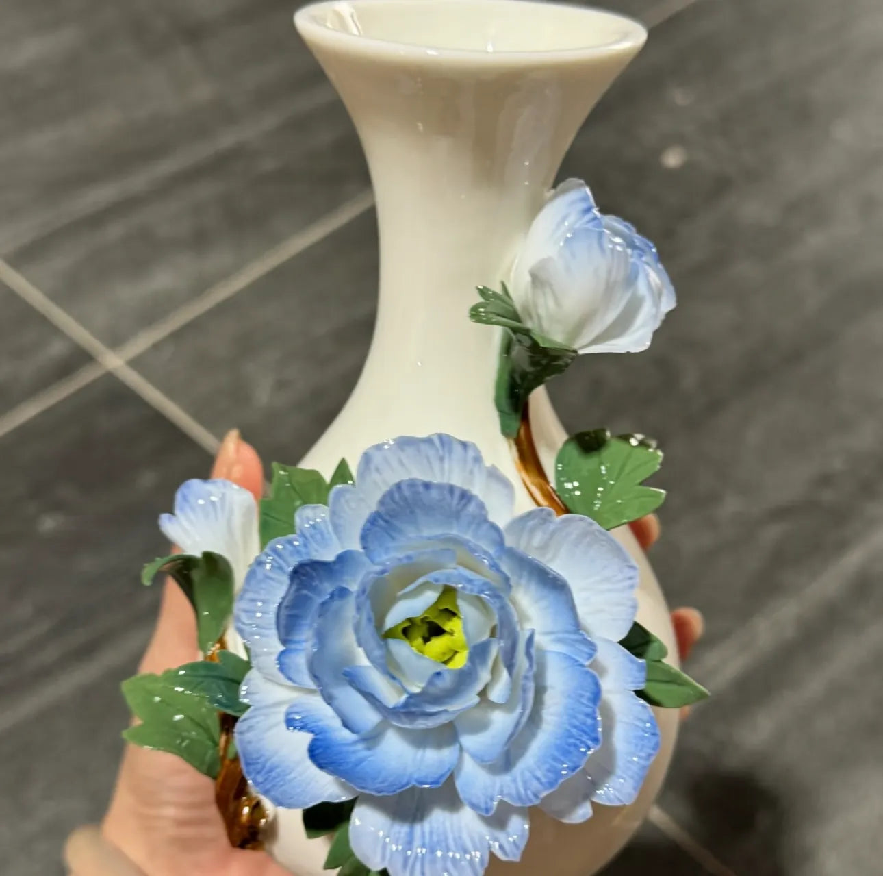 Ceramic Peony Blue Vase - Pure Handmade Vase - Art Decorating for Living Room Bedroom Entrance