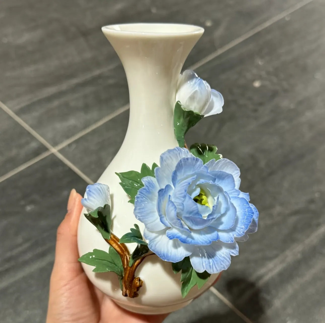 Ceramic Peony Blue Vase - Pure Handmade Vase - Art Decorating for Living Room Bedroom Entrance