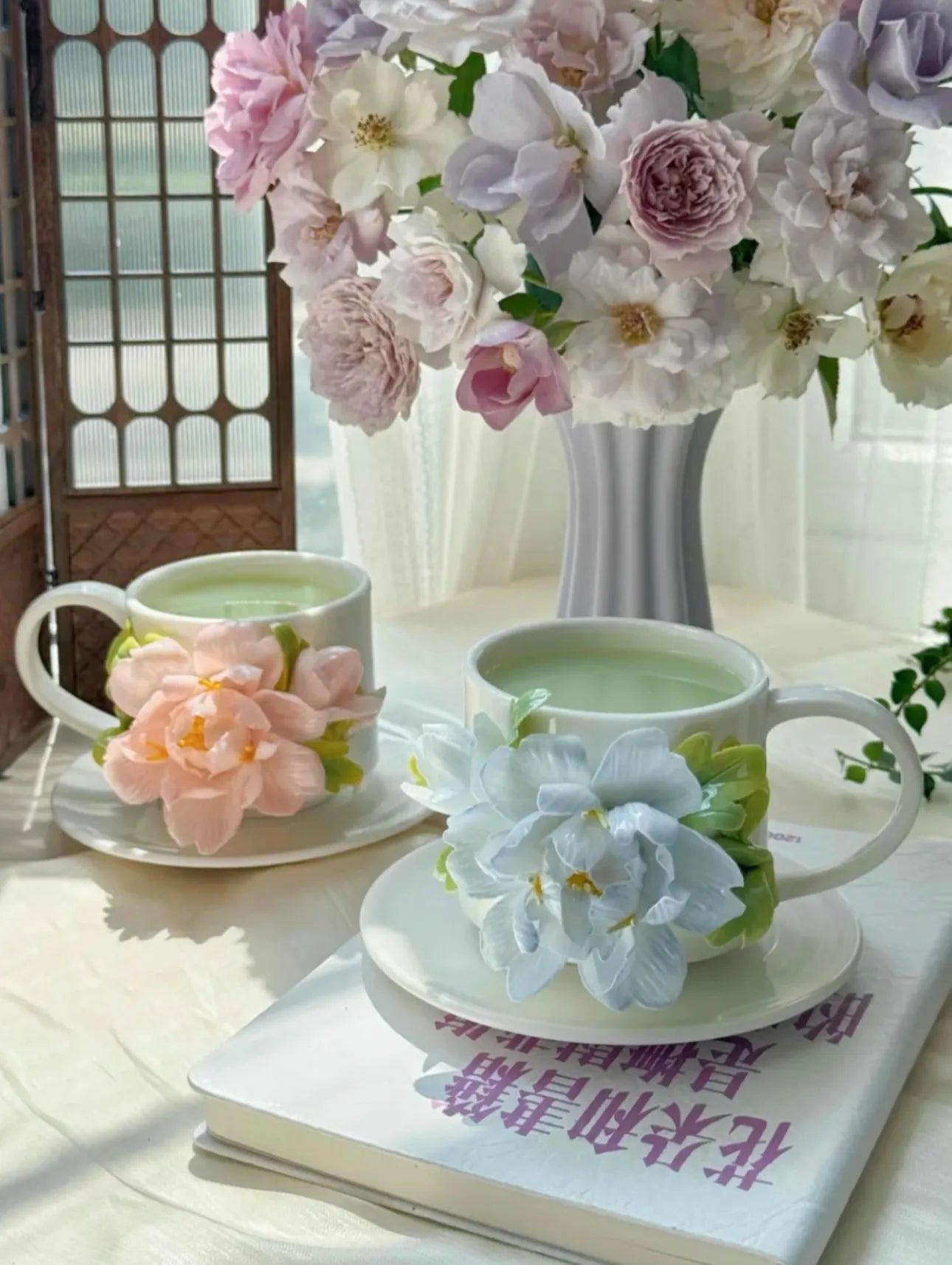 Pair of Peony Ceramic Cups - Hand Painted Pottery Cups - Unique Drinkware