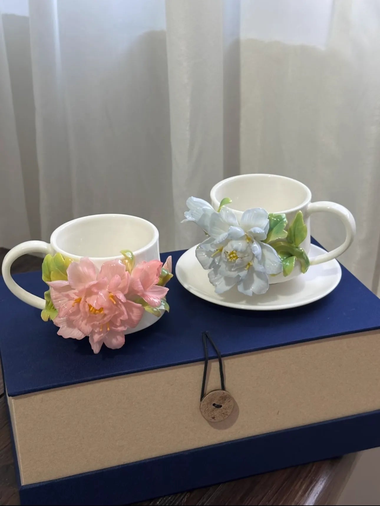 Pair of Peony Ceramic Cups - Hand Painted Pottery Cups - Unique Drinkware