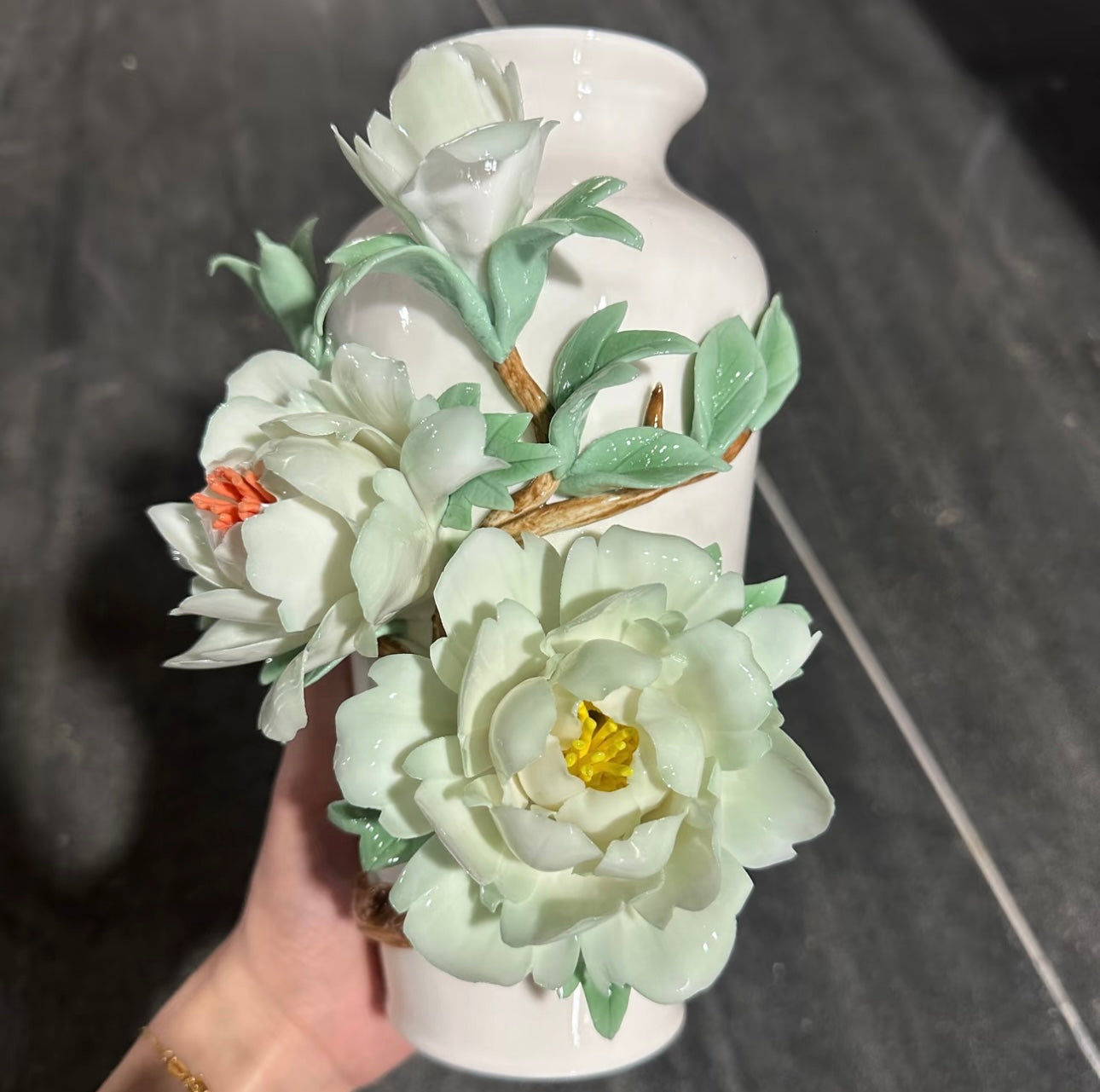 Green Peony Handmade Ceramic Vase – Hand Painted Pottery Centerpiece