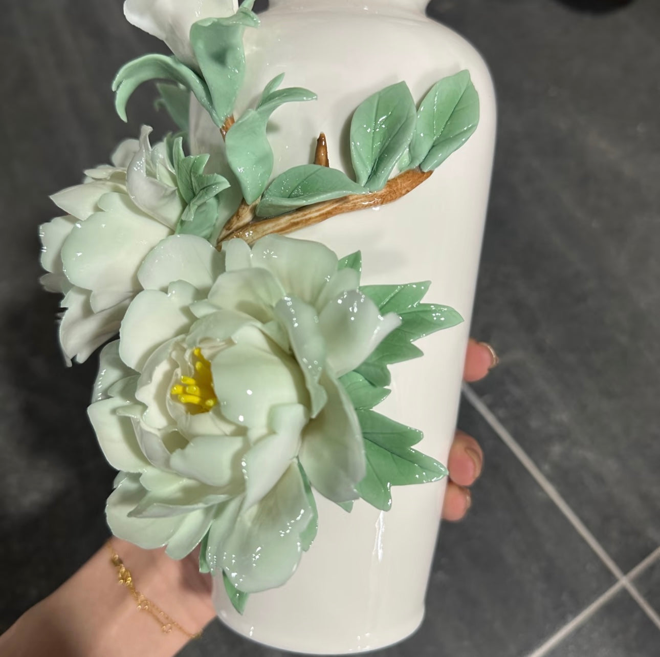 Green Peony Handmade Ceramic Vase – Hand Painted Pottery Centerpiece
