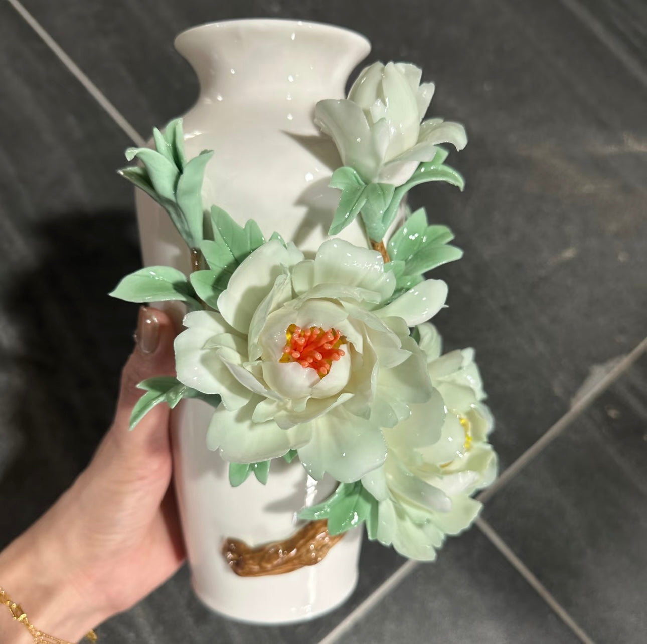 Green Peony Handmade Ceramic Vase – Hand Painted Pottery Centerpiece