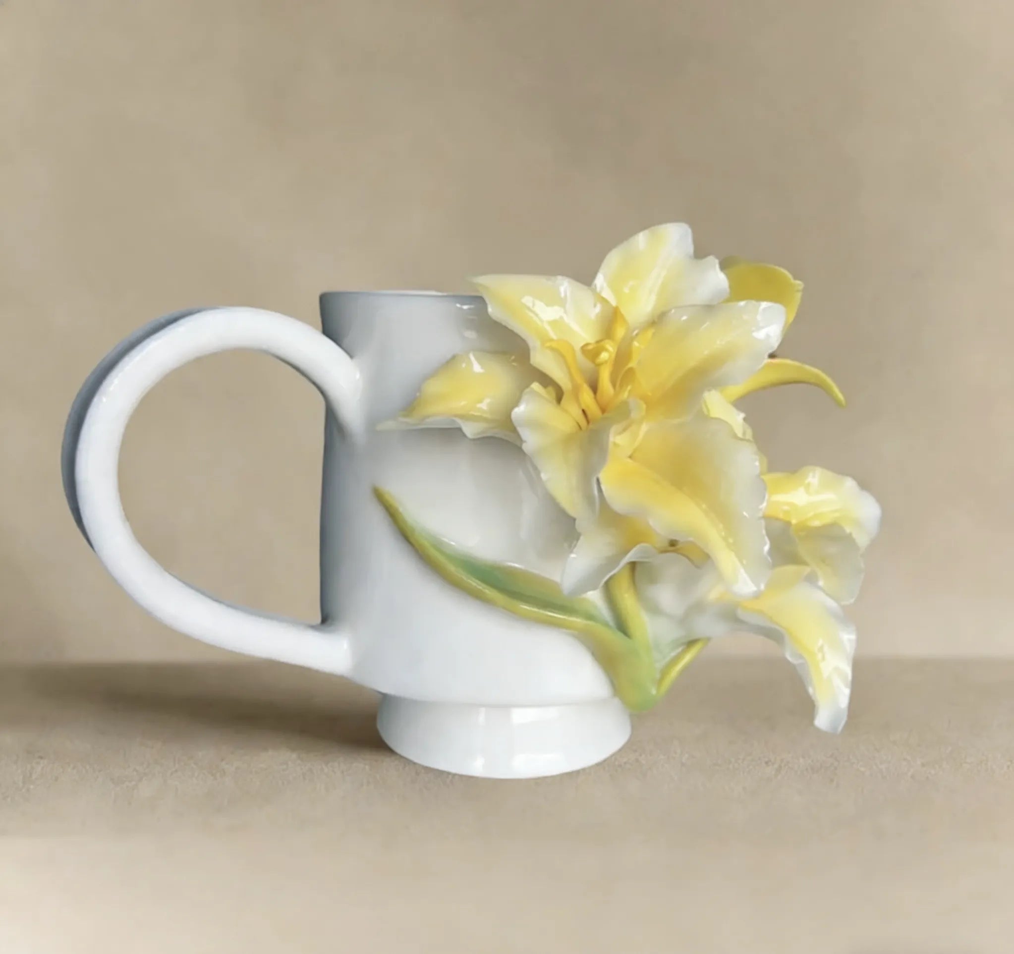Handmade Yellow Lily Ceramic Coffee Mug (Creamy Color)