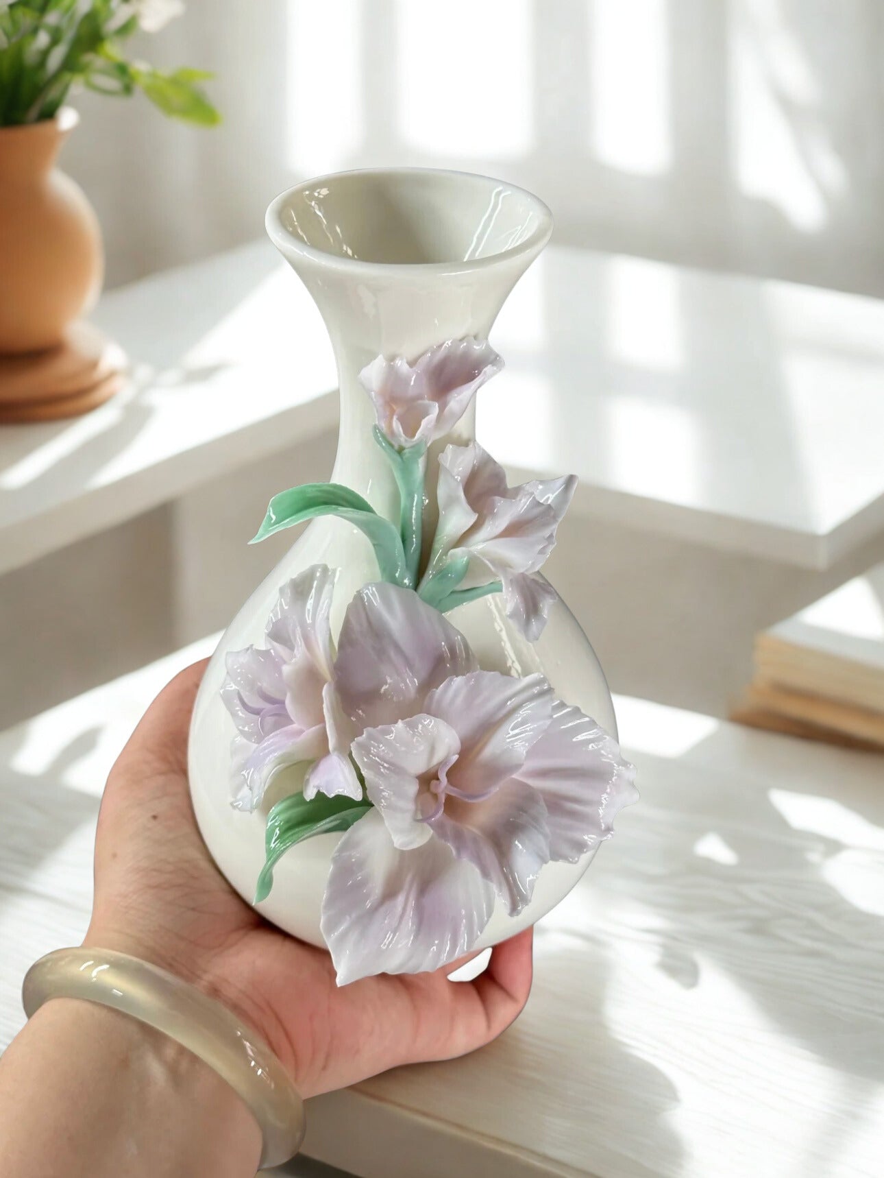 Purple Gladiolus Flower Ceramic Vase - Handmade Pottery Decoration