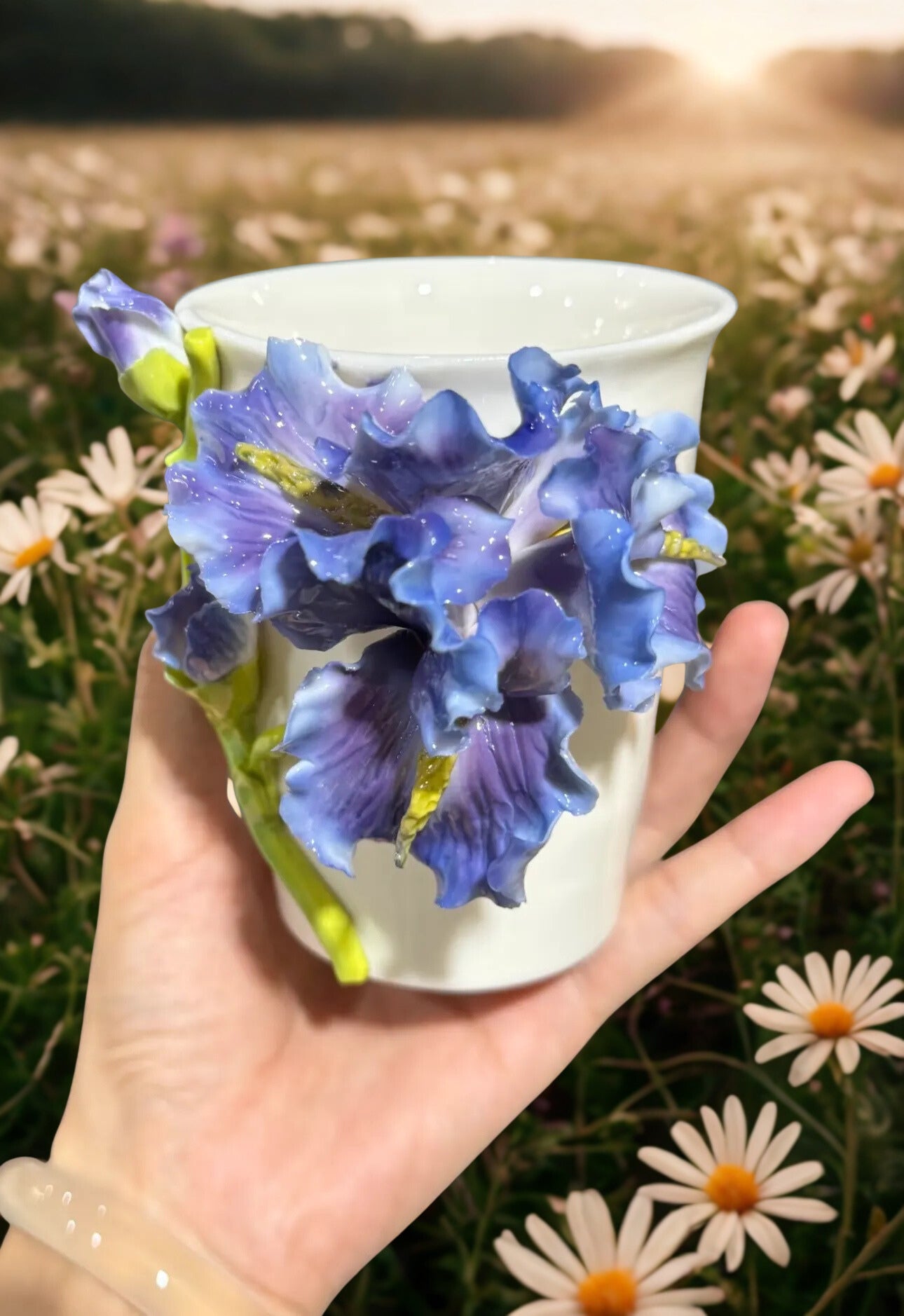 Iris Flower Ceramic Cup – Handmade Art Glazed Pottery Cup