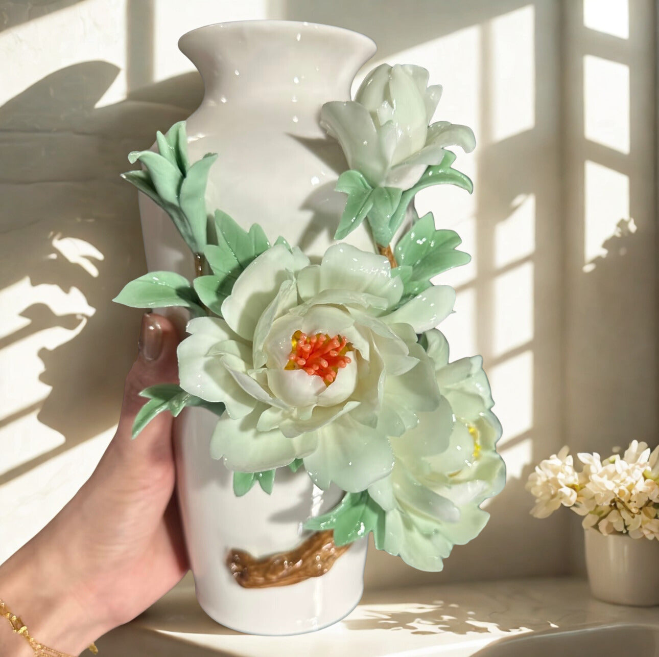 Green Peony Handmade Ceramic Vase – Hand Painted Pottery Centerpiece