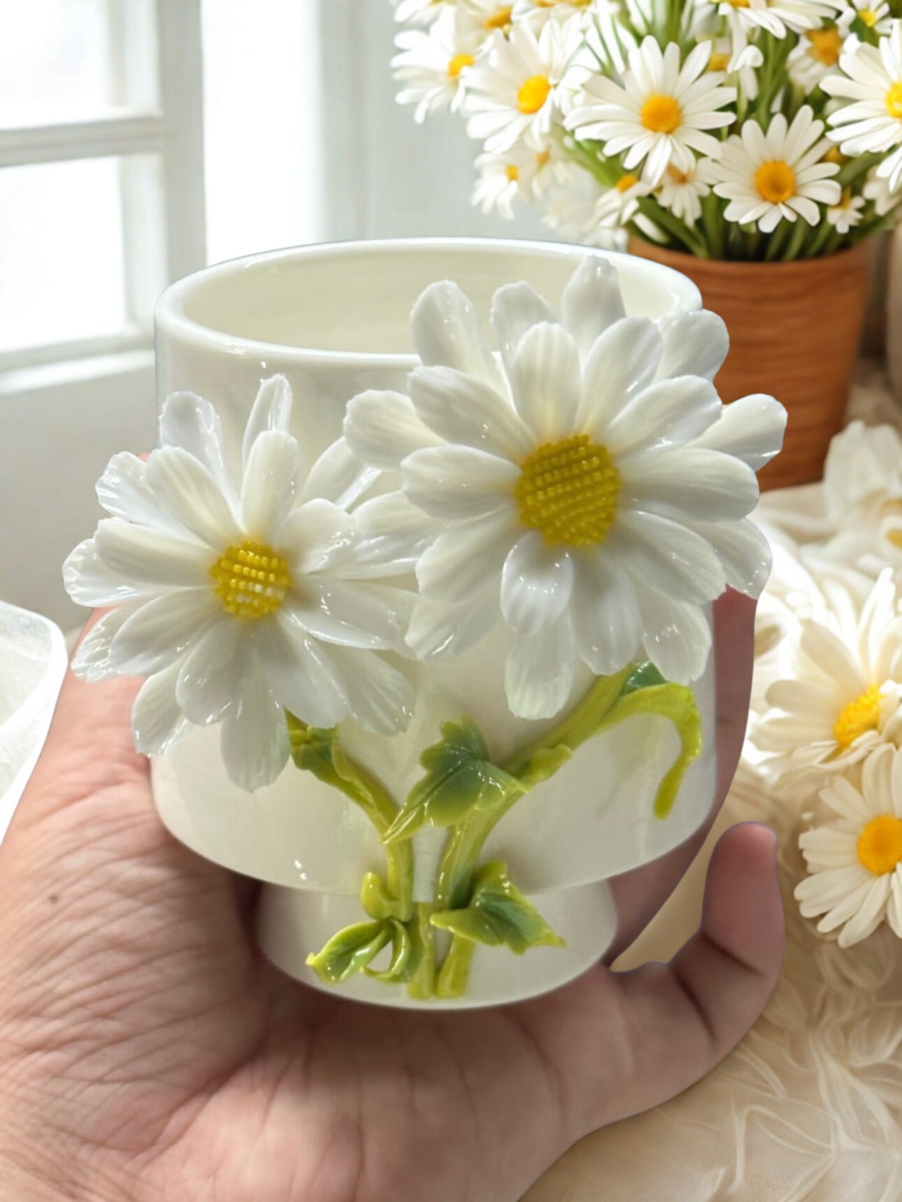 Hand-Painted Ceramic Cup – 3D Floral Design – Handmade Pottery Coffee Mug