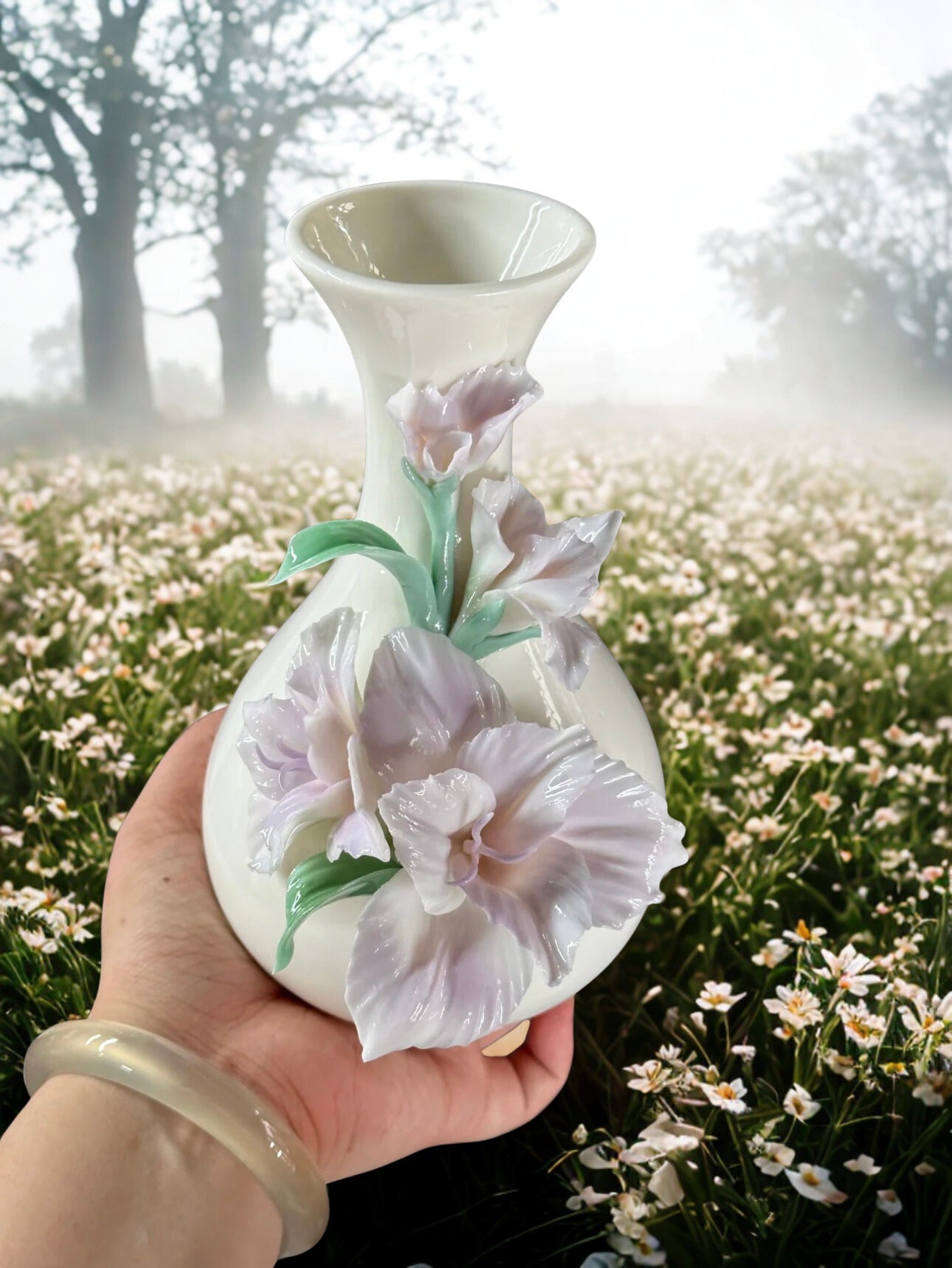 Purple Gladiolus Flower Ceramic Vase - Handmade Pottery Decoration