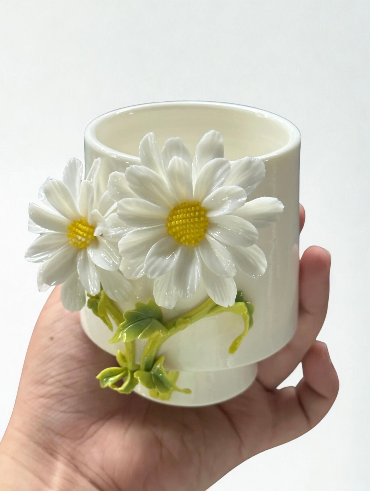 Hand-Painted Ceramic Cup – 3D Floral Design – Handmade Pottery Coffee Mug