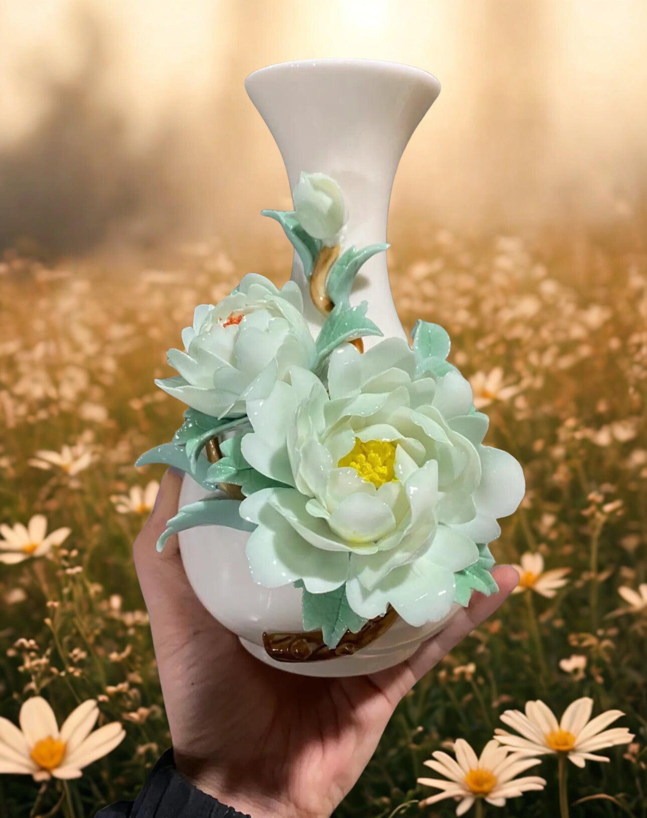 Luxury Peony Ceramic Vase – Stylish Handmade Pottery for Living Room Decoration