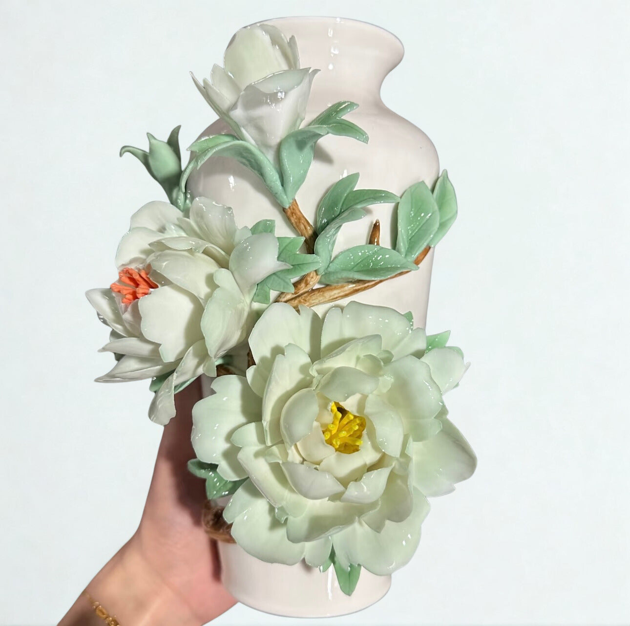 Green Peony Handmade Ceramic Vase – Hand Painted Pottery Centerpiece