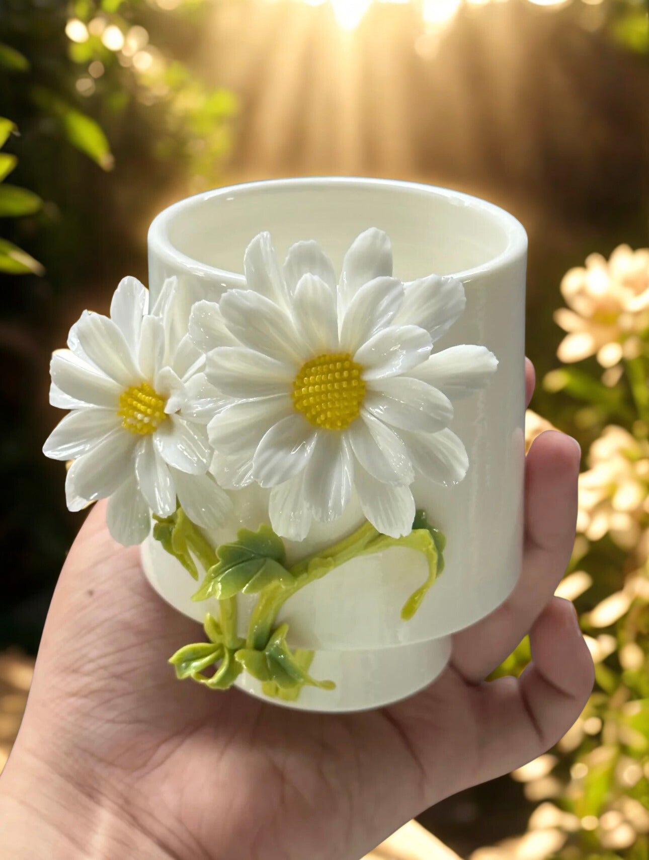 Hand-Painted Ceramic Cup – 3D Floral Design – Handmade Pottery Coffee Mug