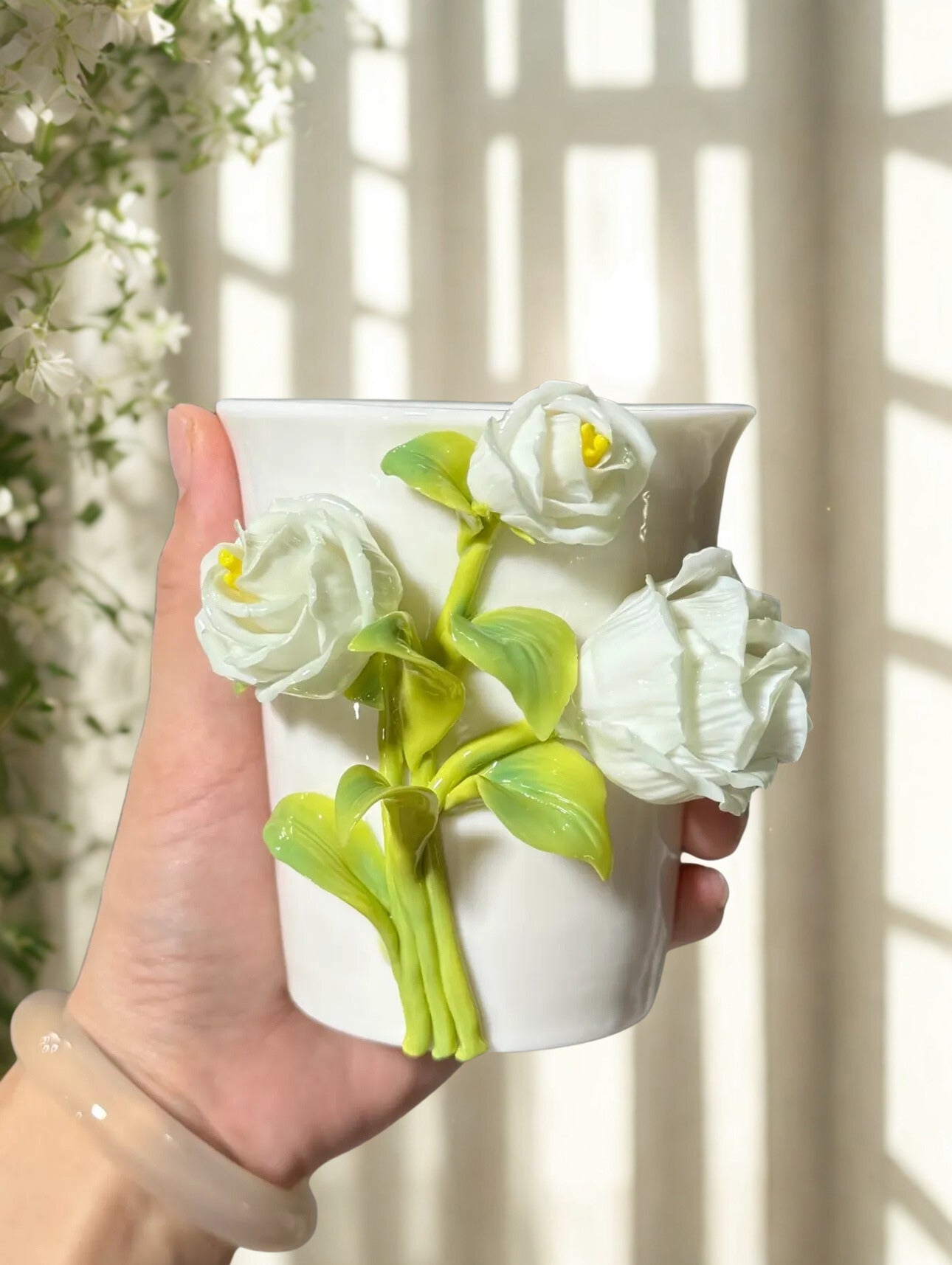 Green Rose Art Ceramic Mug - Japanese Handmade Tea and Coffee Mug