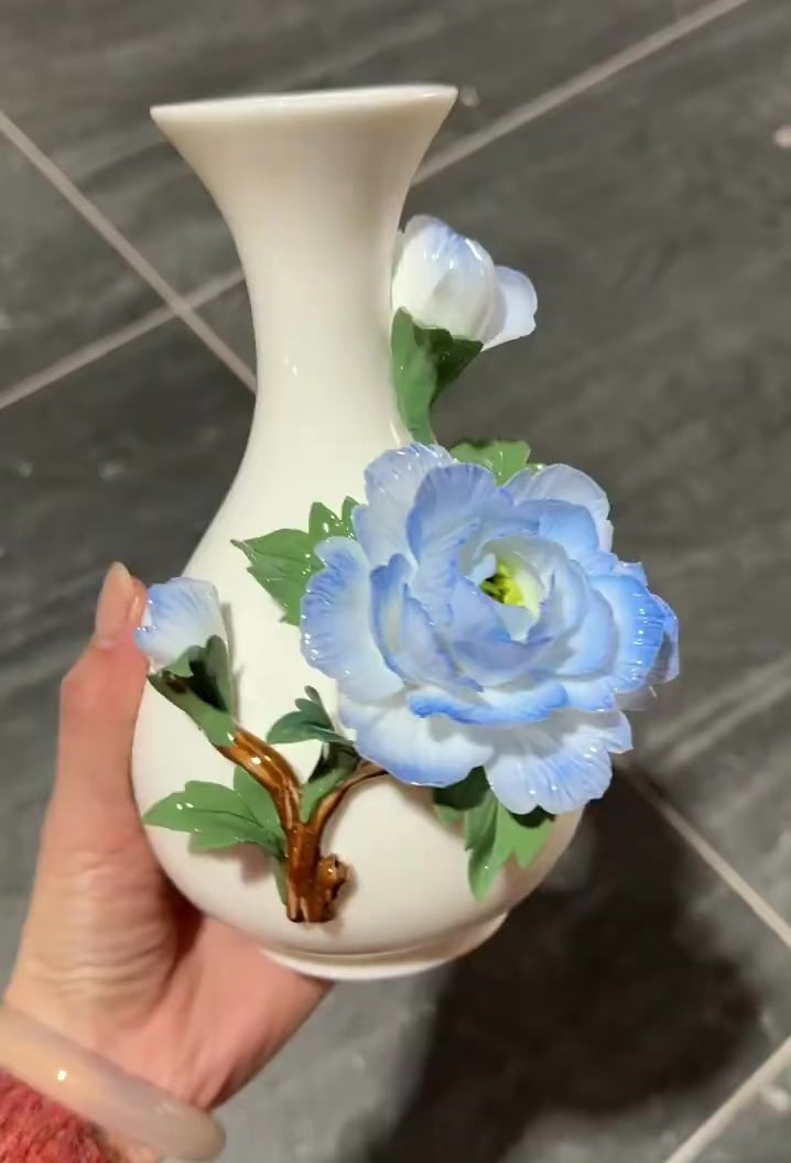Ceramic Peony Blue Vase - Pure Handmade Vase - Art Decorating for Living Room Bedroom Entrance