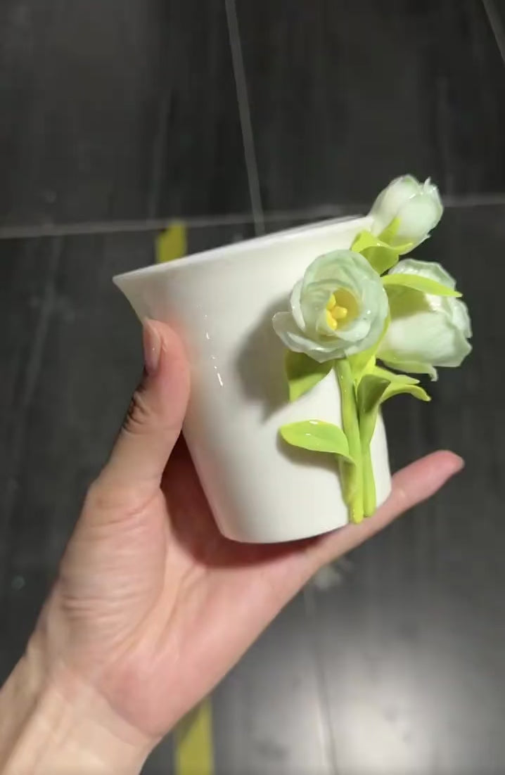 Green Rose Art Ceramic Mug - Japanese Handmade Tea and Coffee Mug